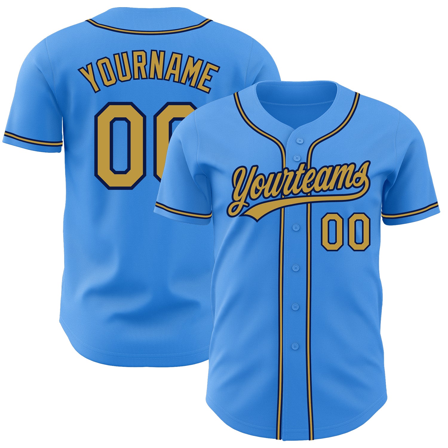 Personalized Electric Blue Navy Baseball Jersey with Old Gold Accents Personalized Electric Blue Old Gold-Navy Baseball Jersey