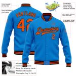 Custom Team Name Number Electric Blue Orange-Black Bomber Varsity Letterman Jacket Full-Snap Personalized Electric Blue Orange-Black