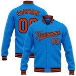 Custom Team Name Number Electric Blue Orange-Black Bomber Varsity Letterman Jacket Full-Snap Personalized Electric Blue Orange-Black