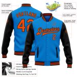 Custom Team Name Number Electric Blue Orange Black Varsity Letterman Bomber Full-Snap Jacket Personalized Electric Blue Orange-Black