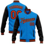 Electric Blue Orange Black Two Tone Varsity Letterman Bomber Jacket Personalized Full-Snap Personalized Electric Blue Orange-Black