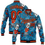 Custom Name and Number Electric Blue and Orange Casual 3D Pattern Music Festival Bomber Varsity Letterman Jacket Personalized