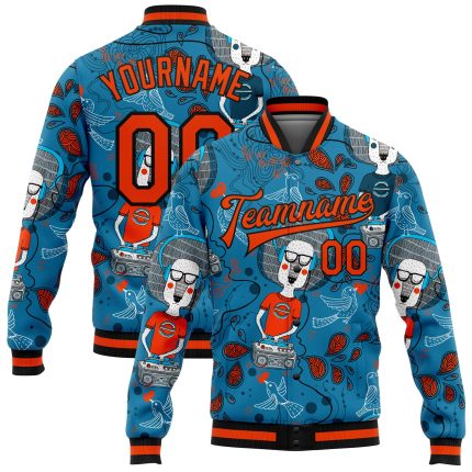 Custom Name and Number Electric Blue and Orange Casual 3D Pattern Music Festival Bomber Varsity Letterman Jacket Personalized