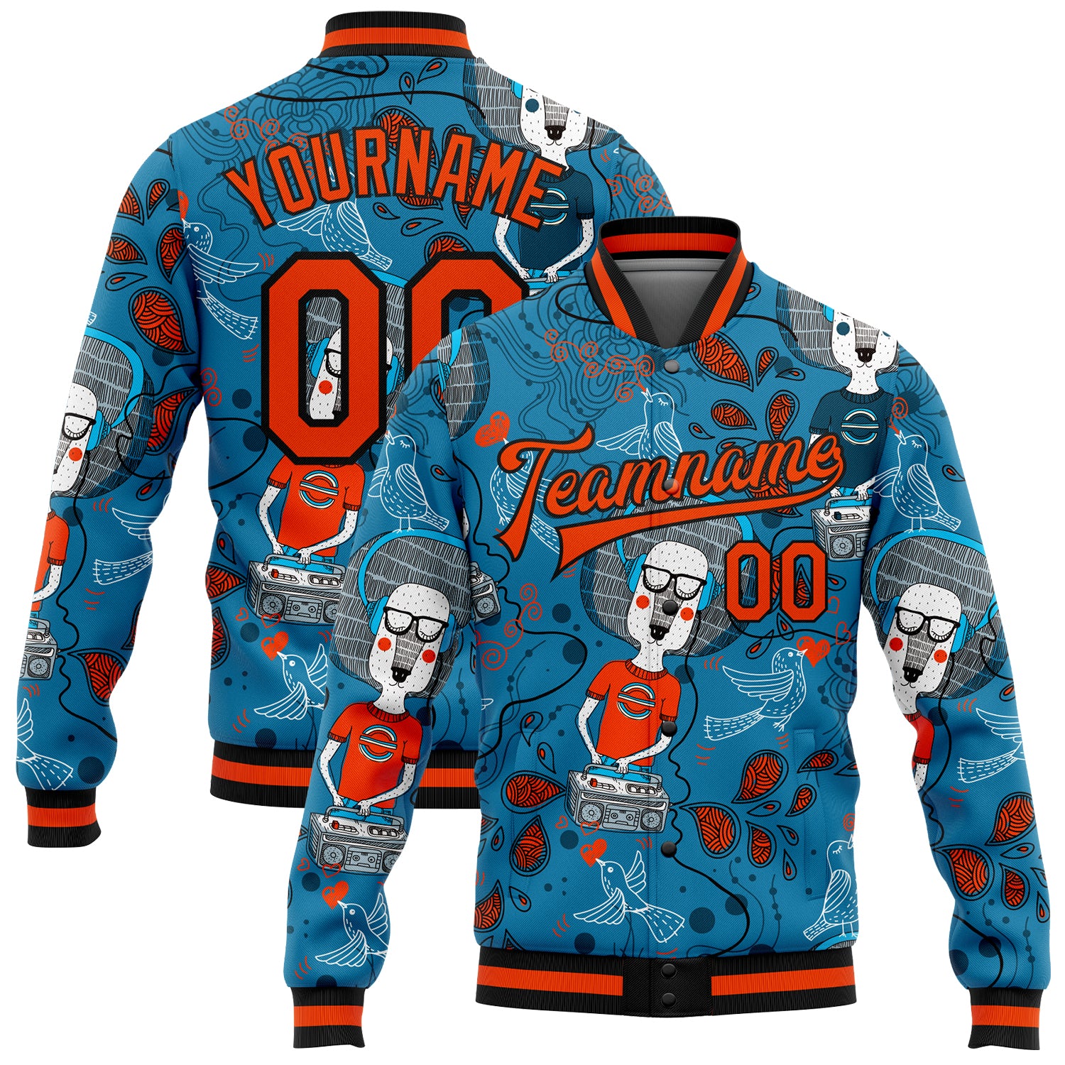Custom Name and Number Electric Blue and Orange Casual 3D Pattern Music Festival Bomber Varsity Letterman Jacket Personalized