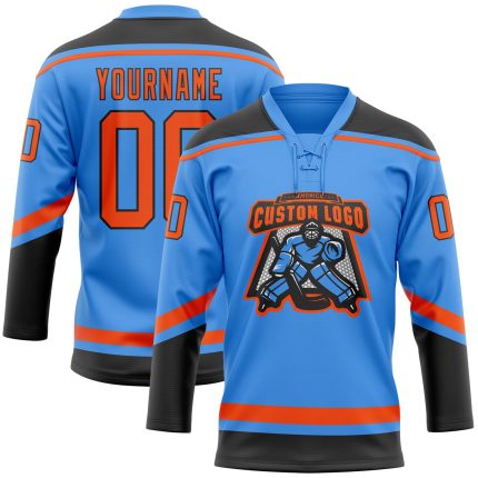 Custom Name and Number Electric Blue Orange-Black Hockey Jersey - Personalized Lace Neck Team Apparel Personalized Electric