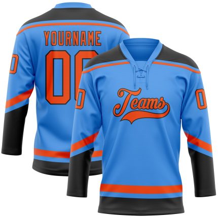 Personalized Electric Blue Hockey Jersey with Orange and Black Laces - Custom Lace Neck Design Personalized Electric Blue