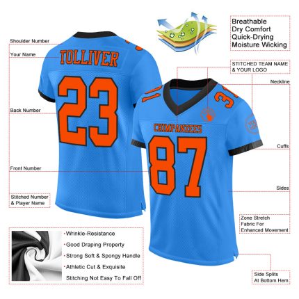 Custom Team Football Jersey with Personalized Name and Number - Electric Blue and Orange-Black Mesh Personalized Electric