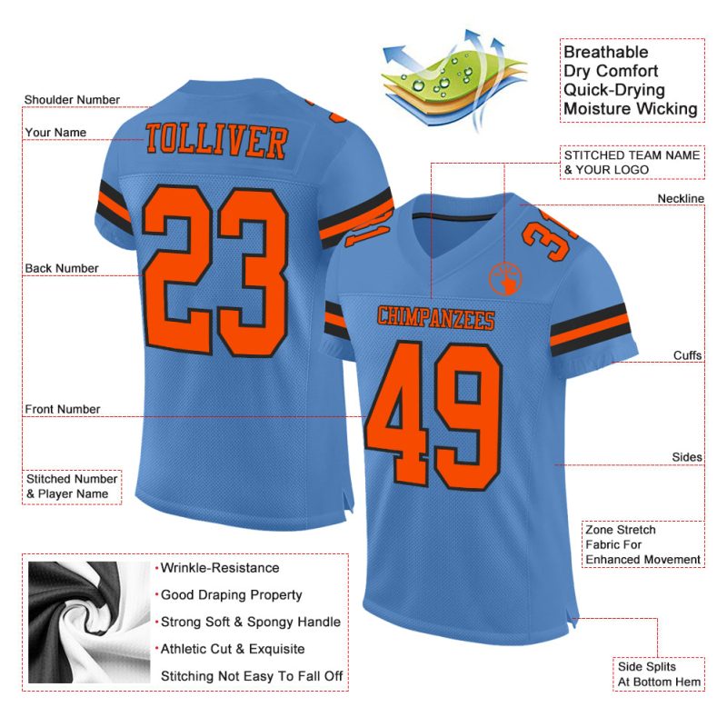 Personalized Electric Blue Orange Black Football Jersey - Custom Sports Jersey 2 Personalized Electric Blue Orange-Black