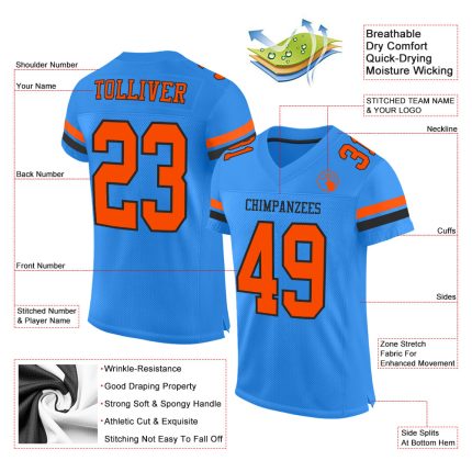 Custom Electric Blue Orange Black Mesh Football Jersey - Personalized Sportswear 3 Personalized Electric Blue Orange-Black
