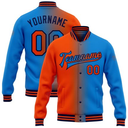 Electric Blue Orange-Navy Gradient Varsity Letterman Bomber Jacket - Personalized Full-Snap Fashion Jacket Personalized Electric
