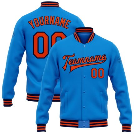 Personalized Varsity Letterman Jacket Electric Blue Orange-Navy Full-Snap Style Personalized Electric Blue Orange-Navy Bomber