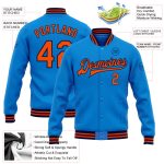Personalized Varsity Letterman Jacket Electric Blue Orange-Navy Full-Snap Style Personalized Electric Blue Orange-Navy Bomber