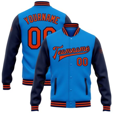Electric Blue Orange-Navy Two-Tone Varsity Letterman Bomber Full-Snap Jacket Personalized Personalized Electric Blue Orange-Navy