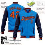 Electric Blue Orange-Navy Two-Tone Varsity Letterman Bomber Full-Snap Jacket Personalized Personalized Electric Blue Orange-Navy