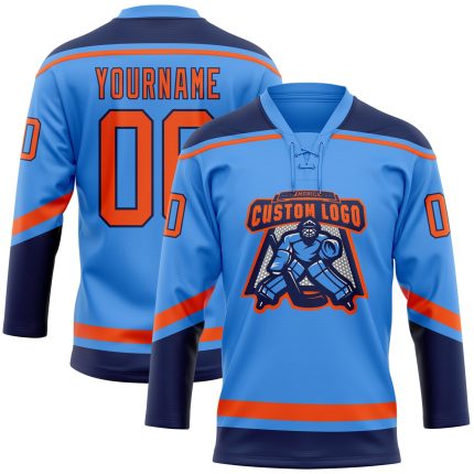 Electric Blue Orange-Navy Personalized Hockey Jersey with Lace Neck Design Personalized Electric Blue Orange-Navy Hockey