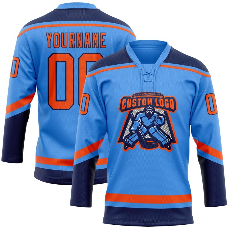 Electric Blue Orange-Navy Personalized Hockey Jersey with Lace Neck Design Personalized Electric Blue Orange-Navy Hockey