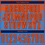 Custom electric blue, orange and navy soccer jersey, flat lay
