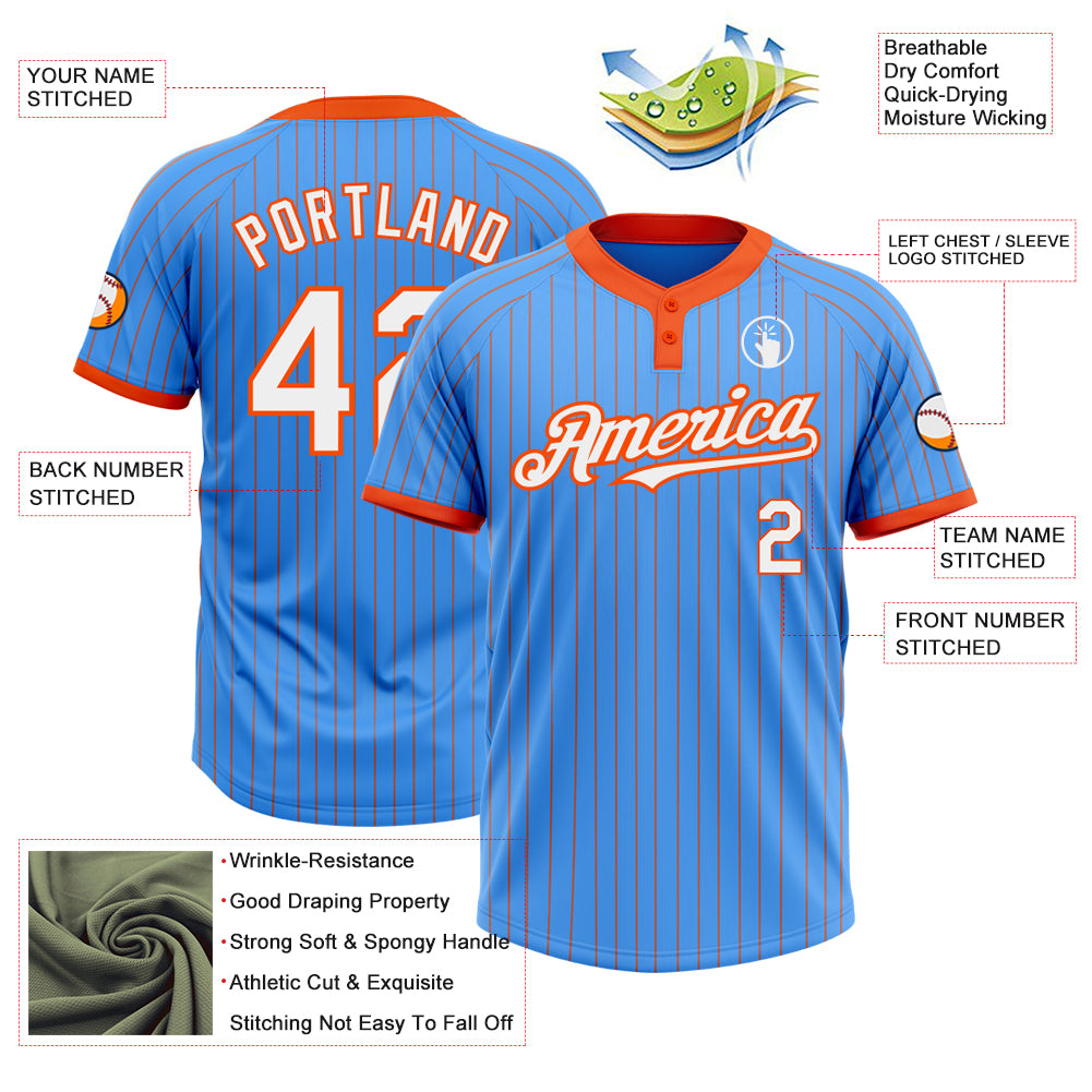 Personalized Electric Blue Orange Pinstripe Softball Jersey | Unisex Two-Button Design Personalized Electric Blue Orange - Image 3