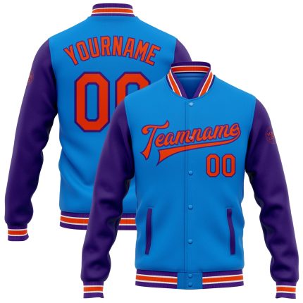 Personalized Two Tone Bomber Varsity Jacket in Electric Blue Orange Purple - Full-Snap Letterman Style Personalized Electric