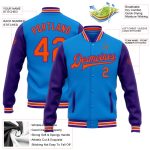 Personalized Two Tone Bomber Varsity Jacket in Electric Blue Orange Purple - Full-Snap Letterman Style Personalized Electric