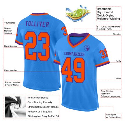 Custom Electric Blue Orange-Purple Mesh Football Jersey with Personalized Name and Number - Authentic Throwback Style Personalized