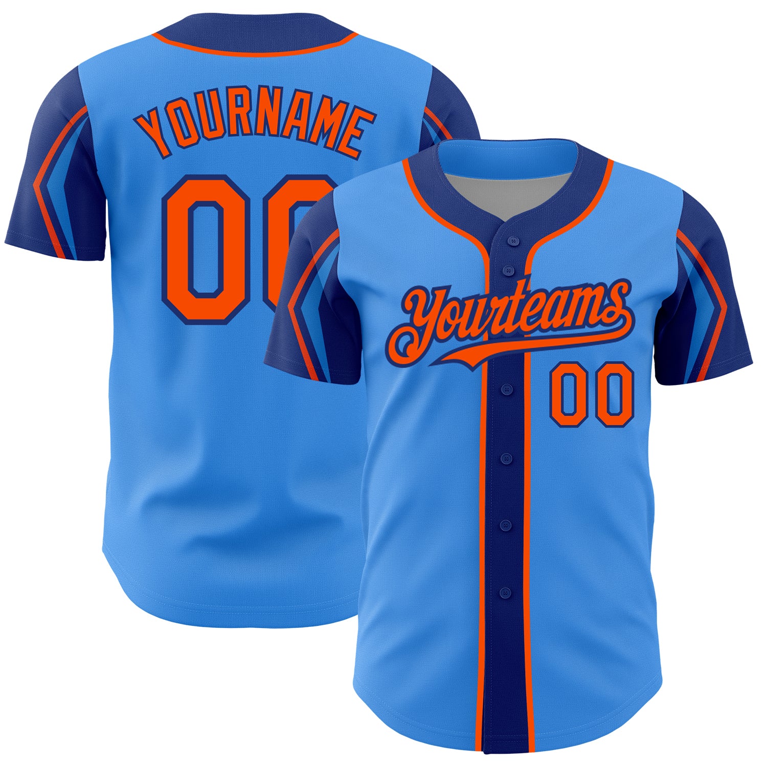 Electric Blue Orange-Royal Personalized Baseball Jersey in 3 Colors, Arm Shapes Design Personalized Electric Blue Orange-Royal