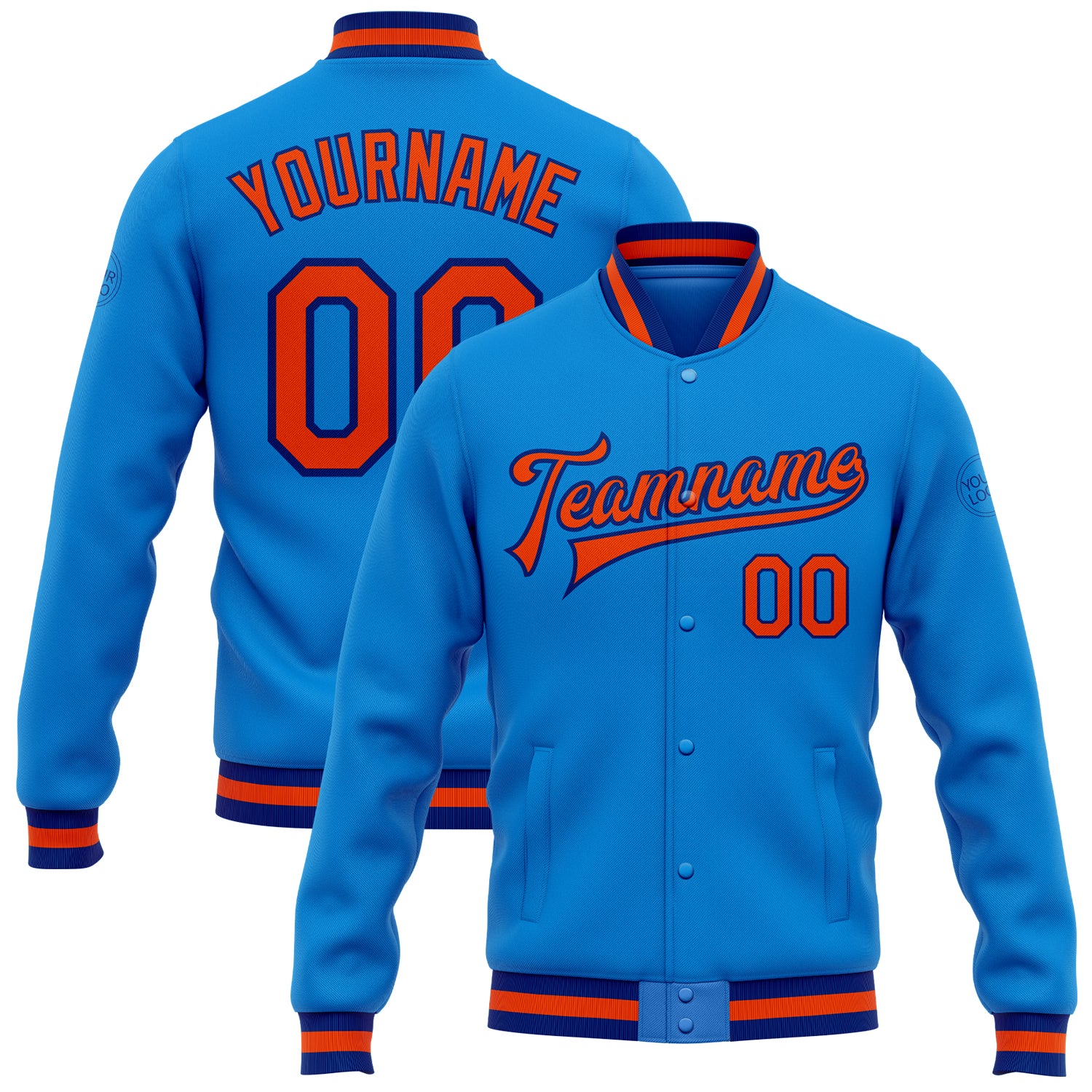 Custom Team Name and Number Electric Blue Orange-Royal Varsity Letterman Full-Snap Bomber Jacket Personalized Electric Blue