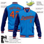 Electric Blue Orange-Royal Personalized Varsity Letterman Bomber Jacket Full-Snap Two Tone Personalized Electric Blue Orange-Royal
