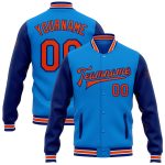 Electric Blue Orange-Royal Personalized Varsity Letterman Bomber Jacket Full-Snap Two Tone Personalized Electric Blue Orange-Royal