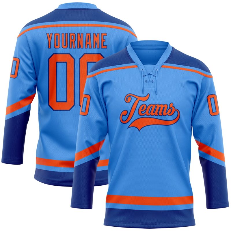 Personalized Electric Blue Orange Royal Hockey Jersey with Lace Neck Personalized Electric Blue Orange-Royal Hockey Lace