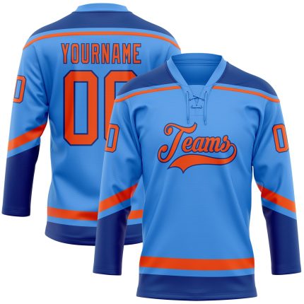 Custom Name Number Personalized Royal Orange Electric Blue Hockey Jersey Lace Neck Personalized Electric Blue Orange-Royal
