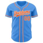 Personalized Electric Blue Baseball Jersey with Orange-White Accents Personalized Electric Blue Orange-White Baseball Jersey