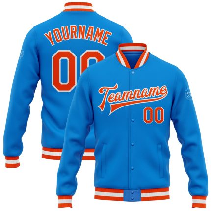 Custom Electric Blue Orange-White Varsity Letterman Bomber Jacket Full-Snap Personalized Electric Blue Orange-White Bomber