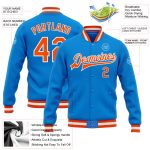 Custom Electric Blue Orange-White Varsity Letterman Bomber Jacket Full-Snap Personalized Electric Blue Orange-White Bomber