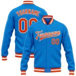 Custom Team Bomber Jacket with Personalized Name and Number in Electric Blue and Orange-White, Full-Snap Varsity Style Personalized