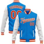 Electric Blue Orange White Two Tone Varsity Letterman Bomber Jacket Personalized Full-Snap Personalized Electric Blue Orange-White