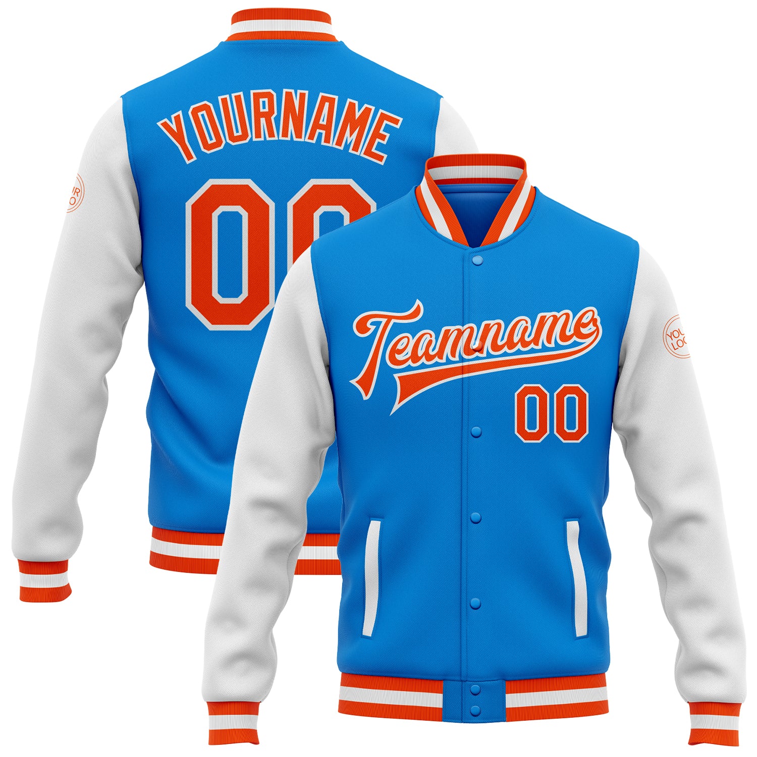 Custom Letterman Jacket with Personalized Name and Number in Electric Blue and Orange-White Two Tone Bomber Style Personalized