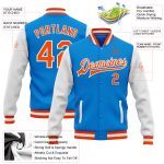 Electric Blue Orange White Two Tone Varsity Letterman Bomber Jacket Personalized Full-Snap Personalized Electric Blue Orange-White