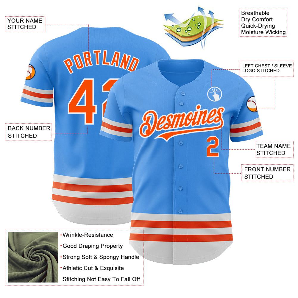 Personalized Electric Blue Baseball Jersey with Orange-White Lines Personalized Electric Blue Orange-White Line Baseball - Image 3