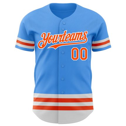 Personalized Electric Blue Baseball Jersey with Orange-White Lines Personalized Electric Blue Orange-White Line Baseball