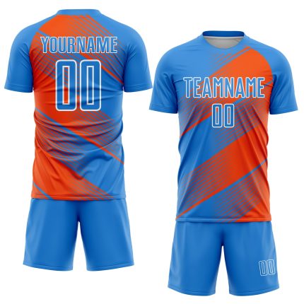 Personalized Electric Blue Orange White Line Soccer Jersey Sublimation Uniform Personalized Electric Blue Orange-White Line