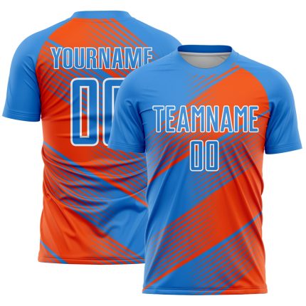Personalized Electric Blue Orange White Line Soccer Jersey Sublimation Uniform Personalized Electric Blue Orange-White Line