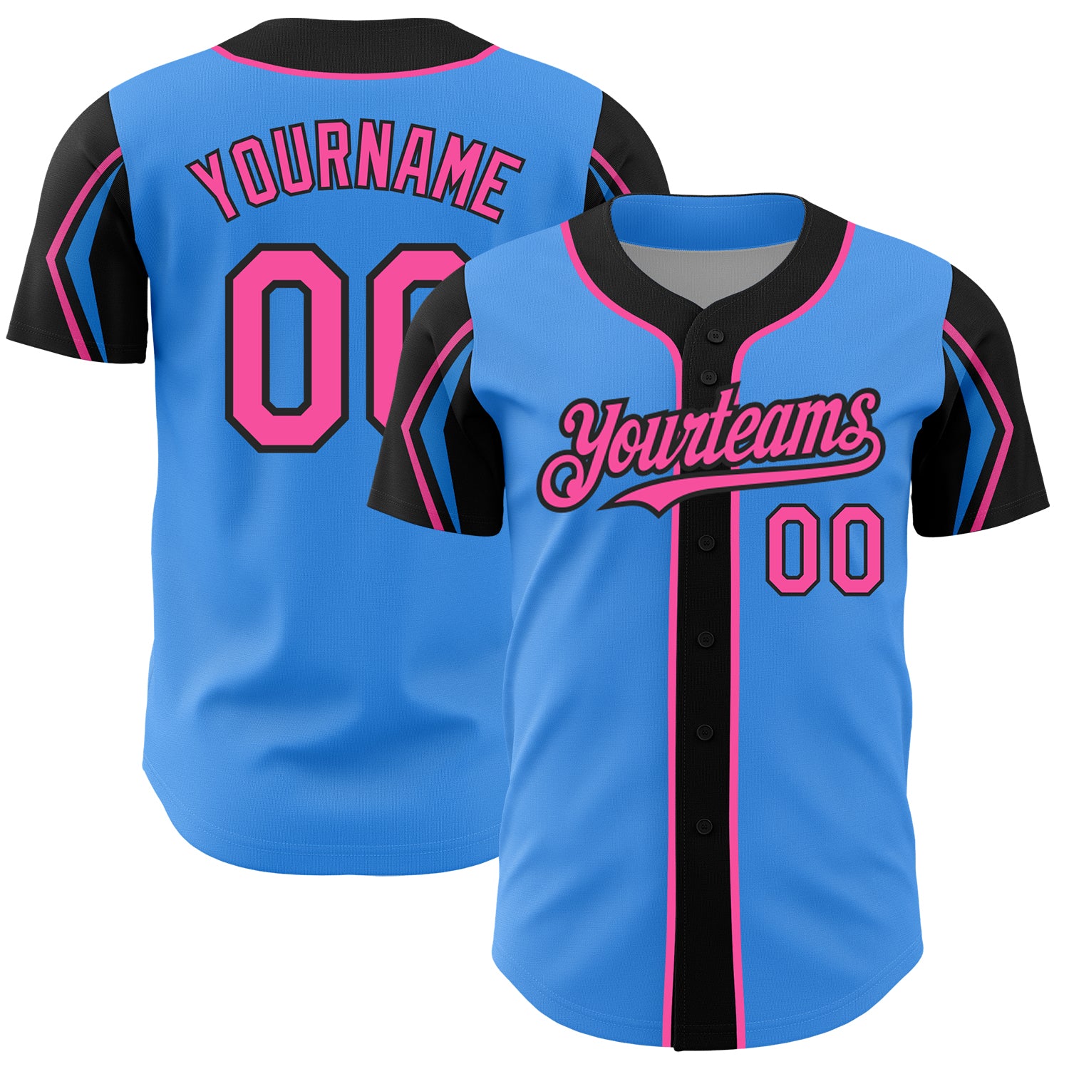 Personalized Electric Blue Pink Black Baseball Jersey - 3 Color Arm Shapes Personalized Electric Blue Pink-Black 3 Colors