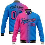 Personalized Electric Blue Pink Black Bomber Varsity Jacket Gradient Fashion Full-Snap Personalized Electric Blue Pink-Black
