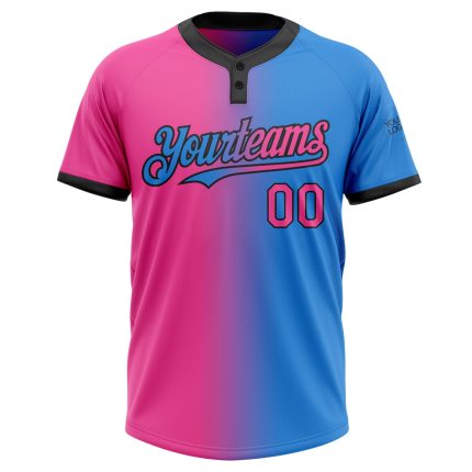 Personalized Softball Jersey Unisex Two-Button Electric Blue Pink-Black Gradient Fashion Personalized Electric Blue Pink-Black