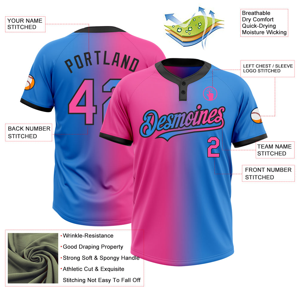 Personalized Electric Blue Pink-Black Gradient Fashion Two-Button Unisex Softball Jersey Team Custom Name and Number Custom Name and Number Gradient Softball Jersey for Team | Electric Blue Pink-Black Unisex Two-Button Design Personalized - Image 3