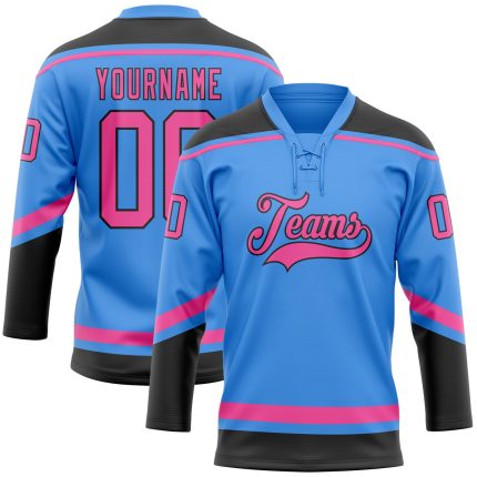 Personalized Electric Blue Pink Black Hockey Jersey Lace Neck for Men and Women Personalized Electric Blue Pink-Black Hockey