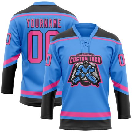 Custom Name and Number Hockey Jersey - Electric Blue Pink Black Lace Neck Team Apparel Personalized Electric Blue Pink-Black