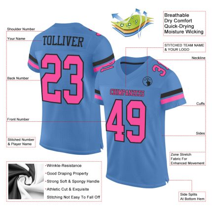 Custom Electric Blue Pink Black Mesh Football Jersey with Personalized Name and Number Personalized Electric Blue Pink-Black