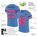 Custom electric blue, pink and black mesh football jersey, back view